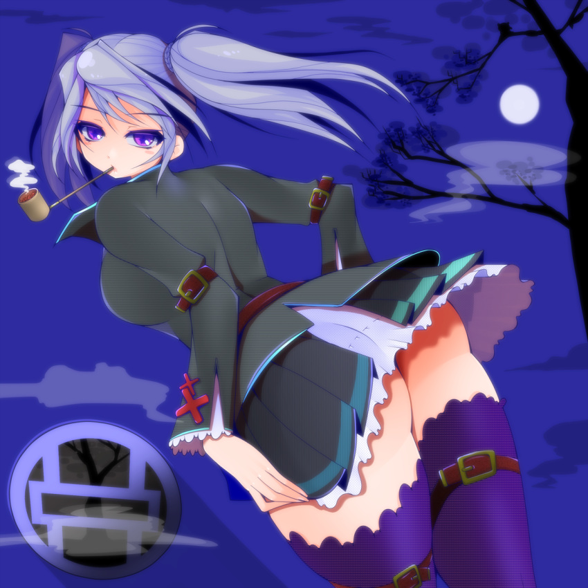 amano_taiki ass breasts copyright_request female from_behind highres large_breasts looking_back miniskirt night outdoors pipe purple_eyes short_skirt silver_hair skirt smoking solo standing thigh-highs thighhighs thighs twintails violet_eyes