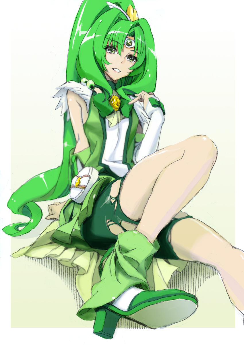 absurdres bike_shorts cure_march green_eyes green_hair high_heels highres long_hair magical_girl midorikawa_nao nobita ponytail precure rough shoes sitting smile_pact smile_precure! solo tiara torn_clothes tri_tails very_long_hair