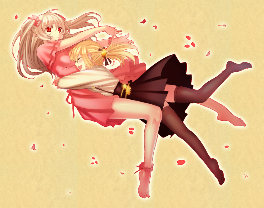 blonde_hair blush closed_eyes eyes_closed highres ktsis long_hair looking_at_viewer multiple_girls open_mouth original petals red_eyes skirt smile thigh-highs thighhighs