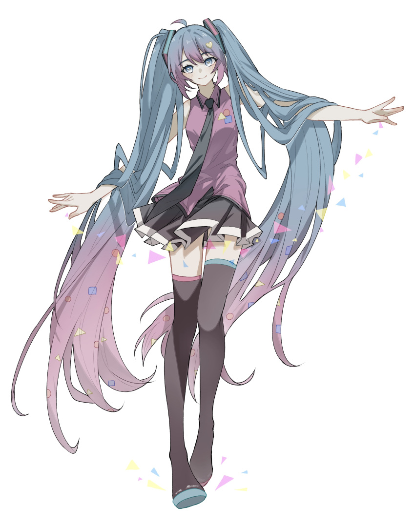 1girl absurdres alternate_costume alternate_hairstyle aqua_eyes aqua_hair azuki_nako boots closed_mouth full_body hands_up hatsune_miku highres long_hair miniskirt multicolored_hair necktie pink_hair pleated_skirt skirt sleeveless smile solo thigh-highs thigh_boots twintails two-tone_skirt very_long_hair vocaloid white_background zettai_ryouiki