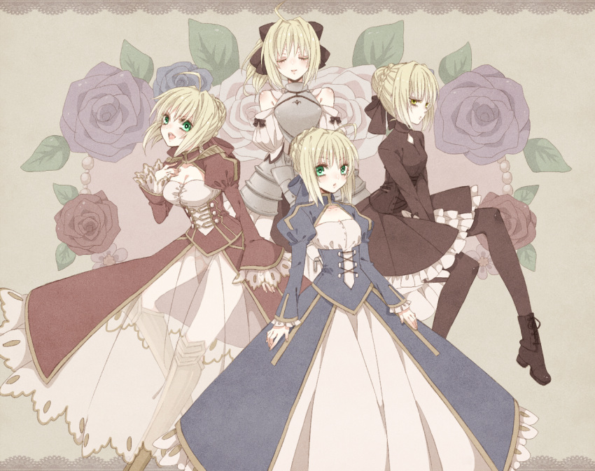 ahoge armor armored_dress bare_shoulders blonde_hair boots bow breasts cleavage cleavage_cutout closed_eyes detached_sleeves dress eyes_closed fate/extra fate/stay_night fate/unlimited_codes fate_(series) faulds flower frills greaves green_eyes hair_bow juliet_sleeves long_sleeves multiple_girls multiple_persona pantyhose puffy_sleeves saber saber_alter saber_extra saber_lily see-through xxmlkxx yellow_eyes