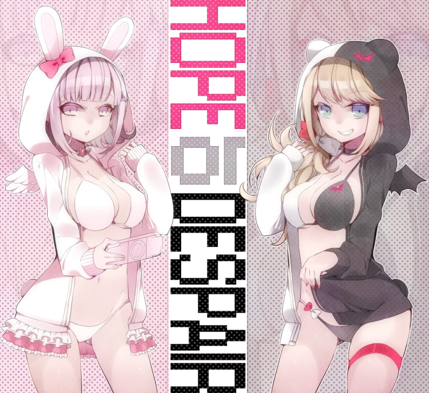 bikini blonde_hair blue_eyes dangan_ronpa disguise enoshima_junko hair_ornament hoodie ikusaba_mukuro lari long_hair monokuma monomi_(dangan_ronpa) multiple_girls nanami_chiaki pink_eyes pink_hair playstation_portable super_dangan_ronpa_2 swimsuit