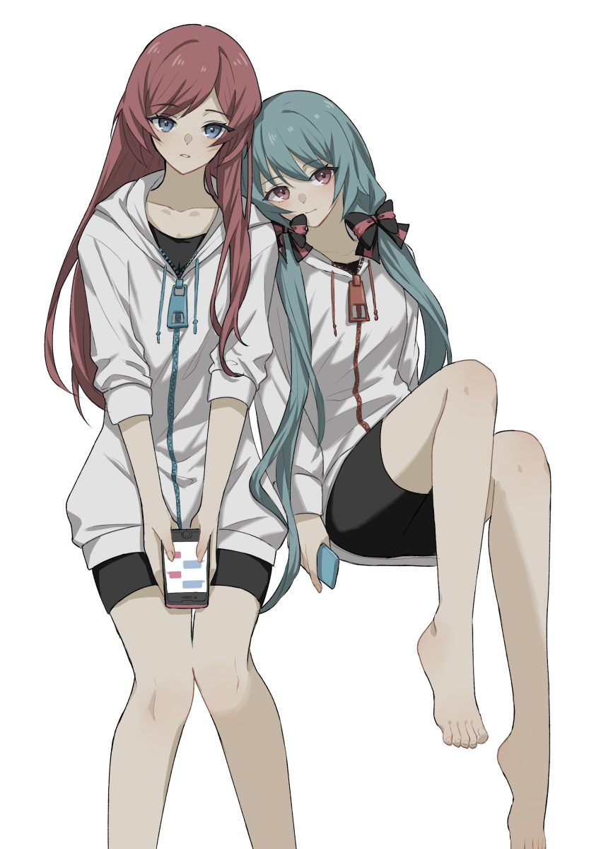 2girls absurdres alternate_costume alternate_hairstyle aqua_hair azuki_nako barefoot blue_eyes hatsune_miku highres holding holding_phone jacket leaning_on_person looking_at_viewer looking_to_the_side low_twintails megurine_luka multiple_girls parted_lips phone pink_eyes pink_hair sitting twintails vocaloid white_background