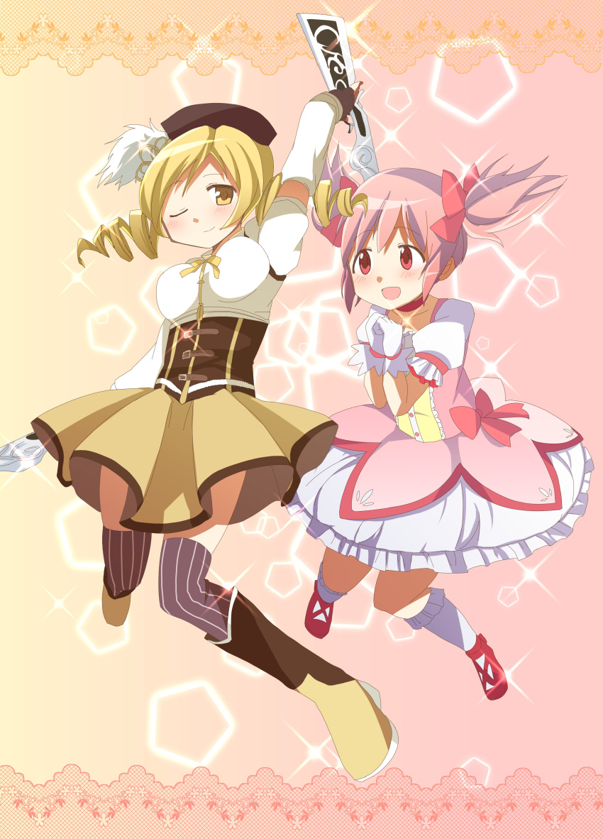 absurdres beret blonde_hair boots breasts bubble_skirt choker corset dress drill_hair fingerless_gloves frills gloves gradient gradient_background hair_ornament hair_ribbon hat highres kaname_madoka magical_girl mahou_shoujo_madoka_magica multiple_girls official_style pink_background pink_hair pleated_skirt ribbon short_twintails skirt sparkle taut_shirt thigh-highs thighhighs tomoe_mami twintails vertical-striped_legwear vertical_stripes wink yellow_background yuri-0609