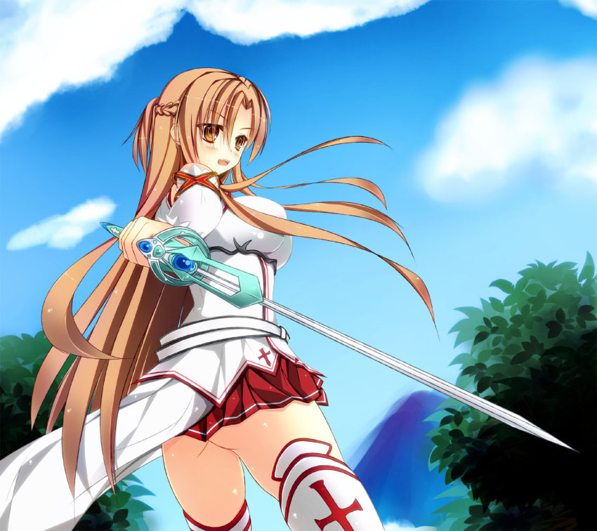 ass asuna_(sao) brown_eyes brown_hair highres long_hair ngirln4 sword sword_art_online thigh-highs thighhighs weapon white_legwear