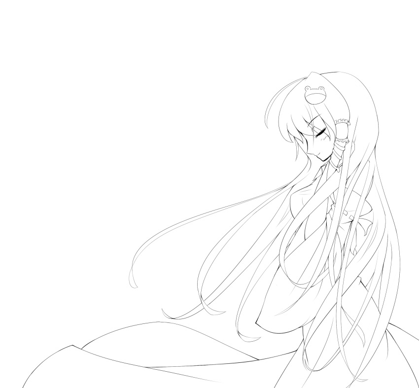 absurdres closed_eyes detached_sleeves eyes_closed highres kochiya_sanae lineart long_hair monochrome ryosios smile solo touhou transparent_background very_long_hair