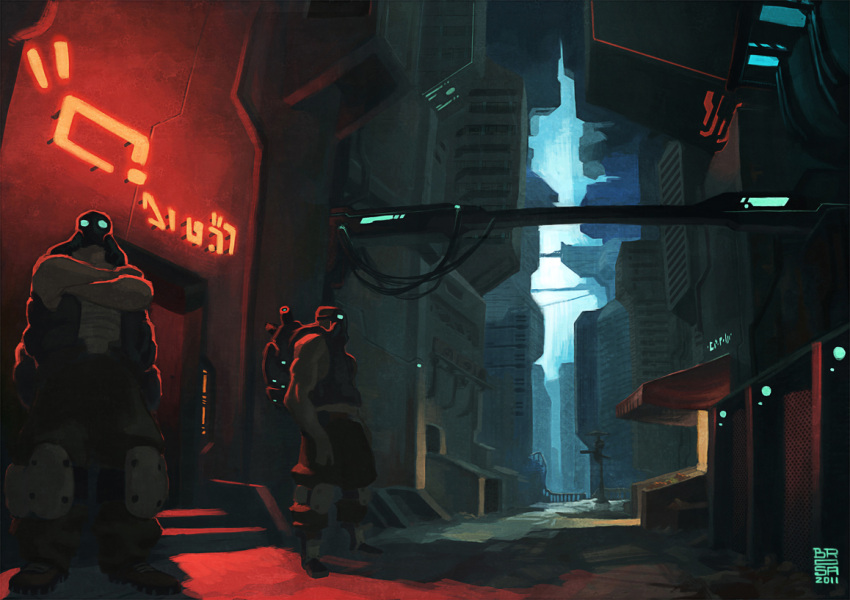 alley armor brosa building city cyberpunk guard knee_pads neon_lights nightclub original science_fiction