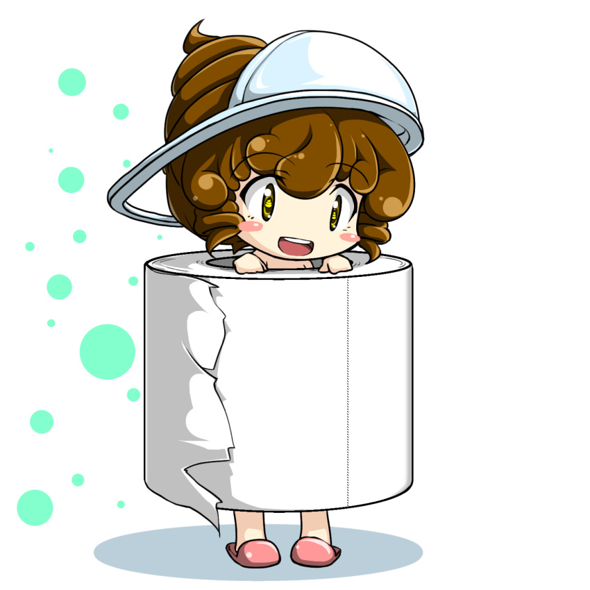 blush_stickers brown_hair chibi drill_hair hat highres open_mouth original personification poop red_star_(toranecomet) slippers smile solo squat_toilet standing toilet toilet_paper toilet_use what yellow_eyes