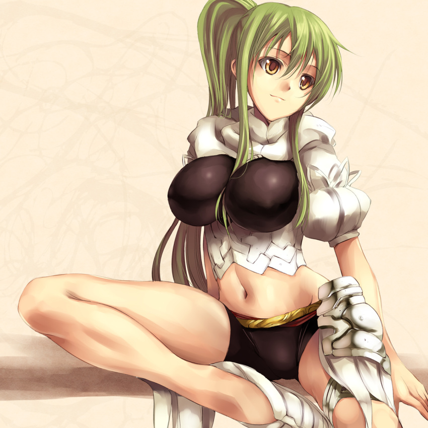 bike_shorts breasts character_request faulds fukai_ryousuke green_hair highres large_breasts long_hair midriff navel original ponytail puffy_sleeves shoes simple_background sitting smile solo sumi-chan_(sachito) yellow_eyes
