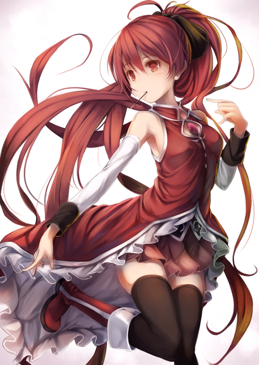 bare_shoulders black_legwear blush boots bow detached_sleeves fal_maro food_in_mouth hair_bow highres leg_up long_hair magical_girl mahou_shoujo_madoka_magica mouth_hold pocky ponytail red_eyes red_hair redhead sakura_kyouko solo thigh-highs thighhighs very_long_hair