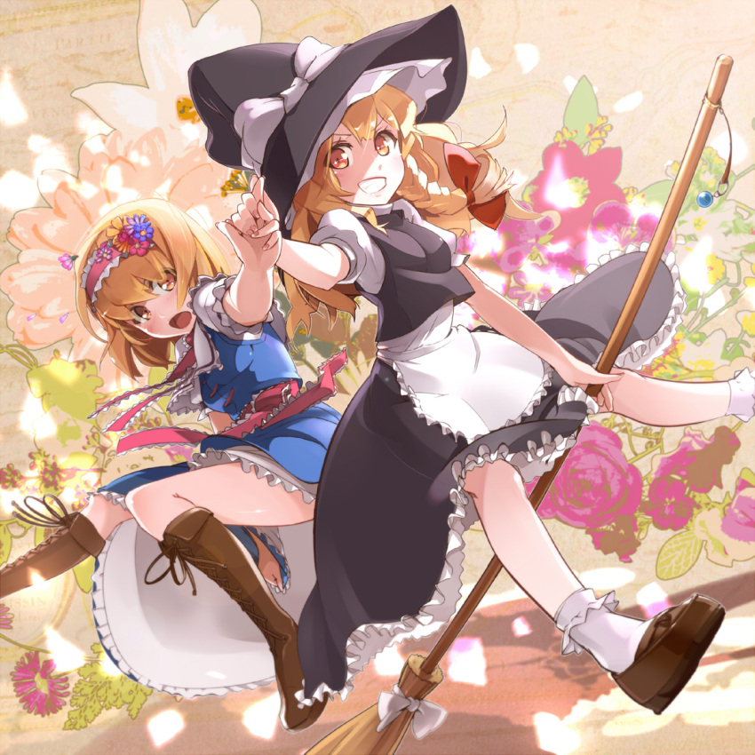 alice_margatroid blonde_hair bobby_socks boots bow broom capelet cross-laced_footwear dress flower hair_bow hairband hat hat_bow highres holding_hand kirisame_marisa lace-up_boots loafers long_hair multiple_girls pomon_illust ribbon sash shoes short_hair socks touhou white_legwear yellow_eyes