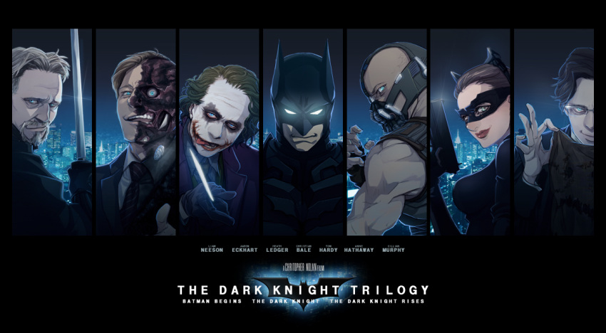 6+boys 6+girls armor bane batman batman_(series) batman_begins beard blade blonde_hair blue_eyes brown_hair bruce_wayne card catwoman city dc_comics domino_mask facial_hair formal glasses gloves glowing glowing_eyes gun hairband harvey_dent injury mask multiple_boys necktie niwatori ra's_al_ghul ra's_al_ghul scar scarecrow_(batman) short_hair smile suit sword the_dark_knight the_dark_knight_rises the_joker tongue two-face weapon