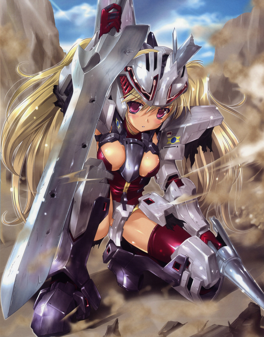 absurdres armor blonde_hair blush bodysuit break_blade breasts bullet_hole dirfinge gloves greaves helmet highres komatsu_eiji long_hair mecha mecha_musume one_knee parted_lips personification pink_eyes red_legwear reverse_grip scan shiny shiny_clothes shiny_skin solo sword thigh-highs thighhighs twintails weapon