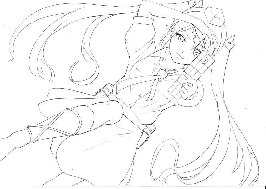 absurdres cellphone highres himekaidou_hatate lineart long_hair looking_at_viewer monochrome phone smile solo touhou traditional_media vent_arbre very_long_hair