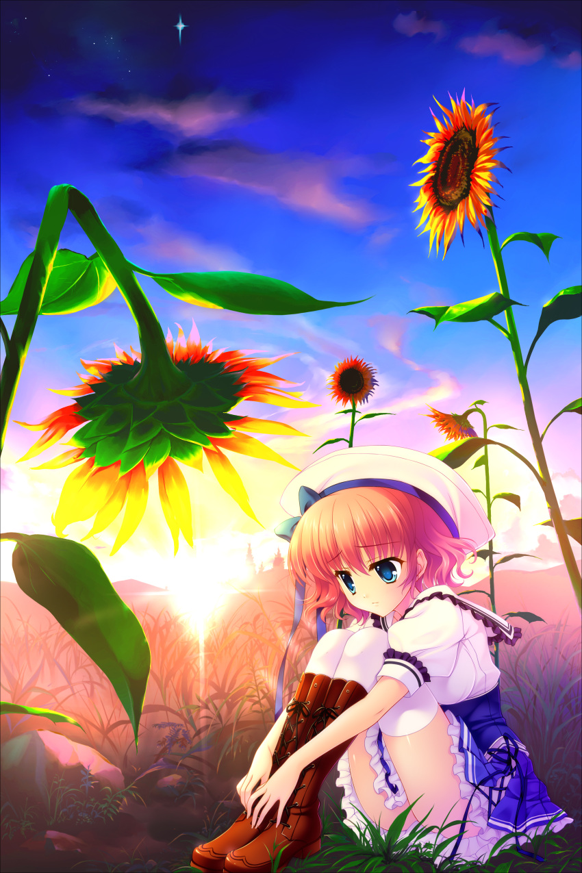 absurdres blue_eyes boots flower game_cg hat highres himezono_risa knees_on_chest knees_together_feet_together mitha nanawind night night_sky pink_hair school_uniform seifuku sitting sky sunflower thigh-highs thighhighs white_legwear yuyukana