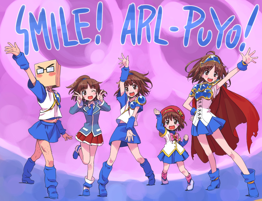 arle_nadja bag bag_over_head beret blush blush_stickers breastplate brown_eyes brown_hair cape child double_v hand_on_hip hat highres isedaichi_ken madou_monogatari multiple_persona open_mouth paper_bag parody ponytail pose precure puyopuyo school_uniform smile smile_precure! v wink young