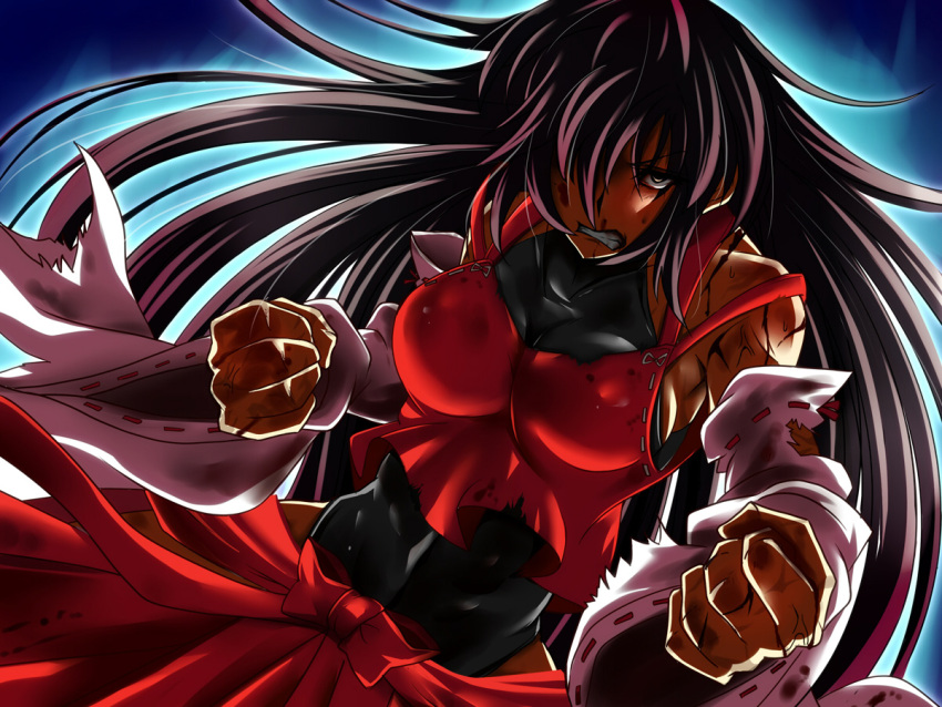 anger_vein aura black_eyes black_hair breasts clenched_teeth detached_sleeves hair_over_one_eye japanese_clothes leotard long_hair miko nontraditional_miko sendai_hakurei_no_miko solo sweat torn_clothes torn_sleeves touhou very_long_hair yagami_(mukage)