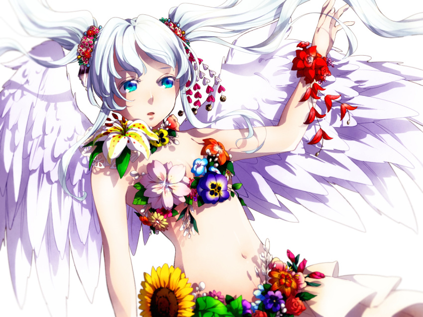 blue_eyes flower flowers white white_hair wings