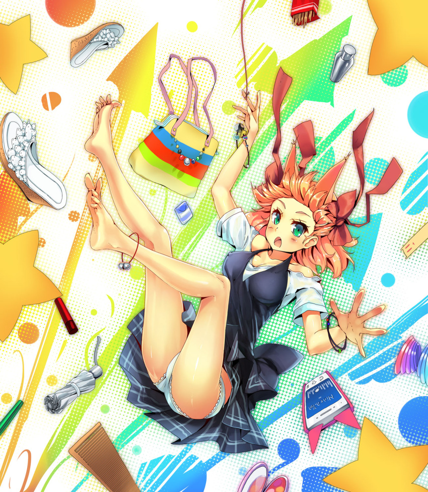 animal_ears anklet bag bare_legs barefoot bottle bow bracelet brush cellphone falling feet glycyrrhizae green_eyes hair_bow highres jewelry lipstick long_legs makeup open_shoes original panties phone pocky purse red_hair redhead sandals school_uniform shoes_removed skirt soles spread_toes toe_spread toes umbrella underwear