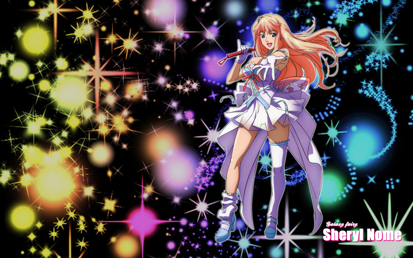 artist_request blonde_hair blue_eyes breasts character_name dress gloves highres long_hair macross macross_frontier microphone open_mouth sheryl_nome smile wallpaper