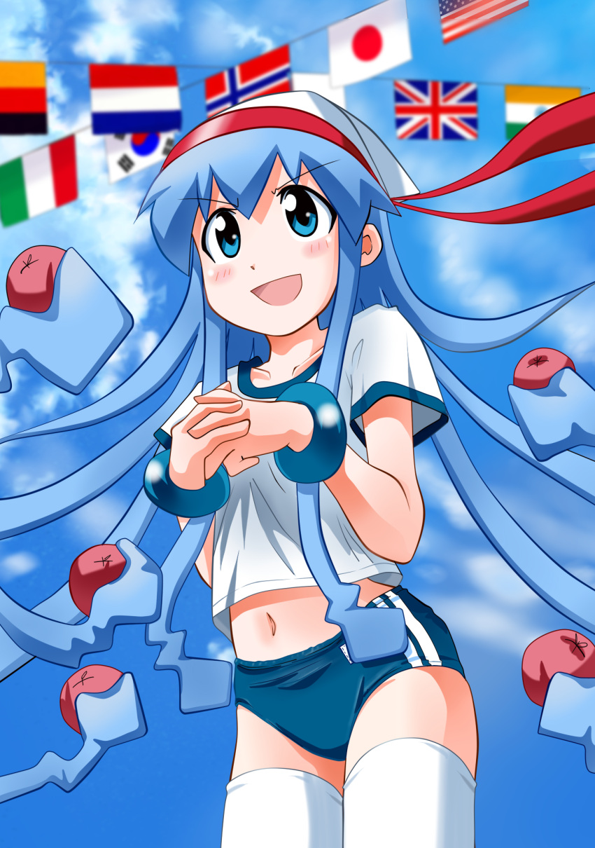 alternate_costume american_flag apple blue_eyes blue_hair blush bracelet buruma cloud clouds flag food fruit german_flag gym_uniform hat headband highres ikamusume italian_flag japanese_flag jewelry long_hair navel norwegian_flag rokushaku_neko shinryaku!_ikamusume sky solo south_korean_flag tentacle_hair thigh-highs thighhighs union_jack white_legwear