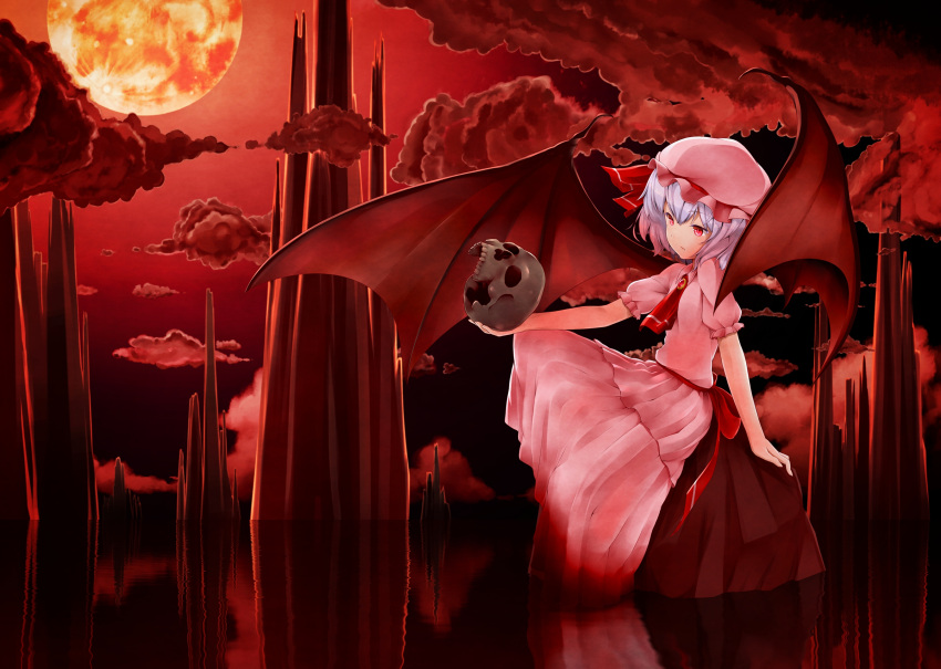 dress hat moon ninnzinn remilia_scarlet short_hair skull touhou water wings