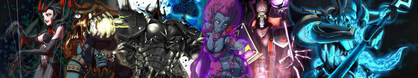 4boys ? absurdres ahoge armor big_hair black_hair black_skin blush breasts collar elise_(league_of_legends) evelynn facial_mark flower flower_in_mouth forehead_mark full_armor glowing glowing_eyes halberd hecarim helmet highres karthus large_breasts league_of_legends long_image mordekaiser mouth_hold multiple_boys multiple_girls orange_eyes pale_skin payot pointy_ears polearm purple_hair ranger_squirrel reaching_out red_eyes rose spider_girl spider_web spiked_collar spikes thigh-highs thighhighs weapon web wide_image yellow_eyes yorick_mori