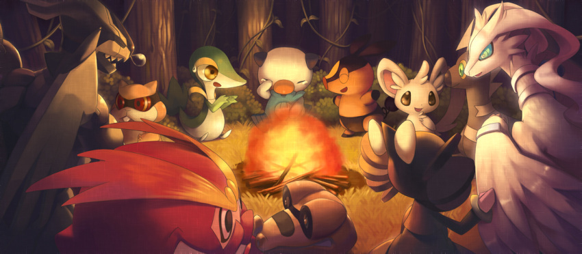 blitzle blue_eyes campfire darmanitan fire forest gothitelle minccino nature no_humans oshawott patrat pokemon pokemon_(creature) red_eyes reshiram sandile snivy tepig torio_(mocd1985) wings yellow_eyes zekrom