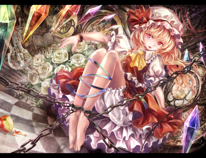 1girl afraco apple ascot bare_legs barefoot blonde_hair bloomers book chain chained chains checkered checkered_floor child crying cuffs dress flandre_scarlet flower flowers food fruit hat hat_ribbon head_tilt instrument letterboxed long_hair open_book open_mouth red_eyes ribbon rose shackle shackles short_hair side_ponytail skirt skirt_set solo tears touhou violin white_rose wings