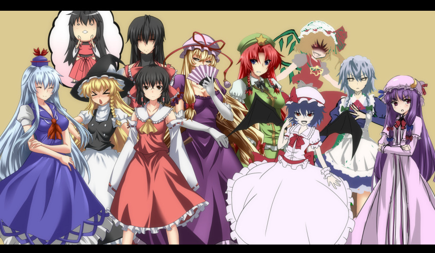 &gt;_&lt; antenna_hair apron ascot bat_wings black_hair blonde_hair blue_eyes blue_hair border bow braid breasts chibi_inset chinese_clothes cleavage closed_eyes colored crescent crossed_arms detached_sleeves dress elbow_gloves fan fan_over_face flandre_scarlet frilled_dress frilled_skirt frills gloves glowing glowing_eyes hakurei_reimu hat hat_bow hat_ribbon highres hong_meiling izayoi_sakuya japanese_clothes kamishirasawa_keine kirisame_marisa large_breasts long_dress long_hair long_sleeves m.u.g.e.n maid maid_headdress miko multiple_girls nontraditional_miko patchouli_knowledge purple_hair red_eyes red_hair redhead remilia_scarlet ribbon sendai_hakurei_no_miko shaded_face short_sleeves single_braid skirt star touhou twin_braids white_gloves wings witch_hat wristband yagami_(mukage) yakumo_yukari yellow_eyes