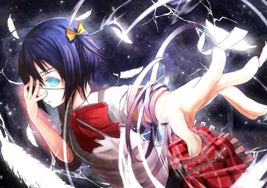 1girl blue_hair chuunibyou_demo_koi_ga_shitai! eyepatch feathers plaid_skirt red_ribbon reio_(reio_reio) seifuku skirt takanashi_rikka yellow_ribbon