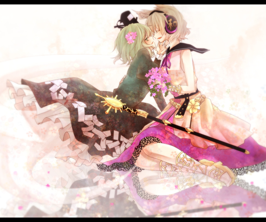 armband belt blonde_hair closed_eyes dress eyes_closed face-to-face flower ghost_tail green_dress green_eyes green_hair hair_flower hair_ornament hand_on_another's_hip hand_on_another's_hip hand_to_chin hat headphones highres hotmilkice ice_(aitsugai) juliet_sleeves letterboxed long_sleeves multiple_girls open_mouth petals puffy_sleeves reflective_floor shirt skirt sleeveless sleeveless_shirt smile soga_no_tojiko sword touhou toyosatomimi_no_miko weapon yuri