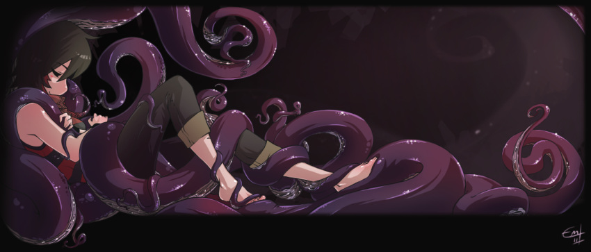 closed_eyes consensual_tentacles copyright_request eyes_closed monster_girl petite-emi smile solo tentacle tentacles