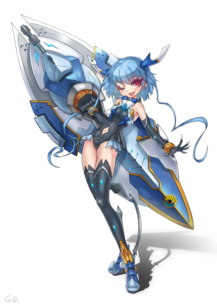 :d absurdres armor artist_request black_legwear blue_hair bodysuit copyright_request fang gd._fengzi highres horns huge_weapon legs open_mouth original red_eyes smile thigh-highs thighhighs weapon