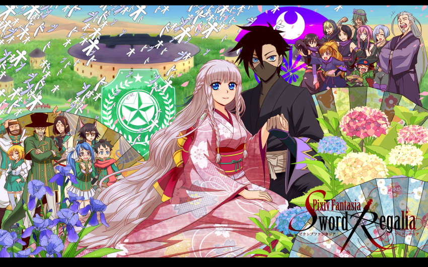 6+girls animal_ears black_hair blonde_hair blue_eyes blue_hair bow braid brown_hair character_request clenched_hand closed_eyes crossed_arms eyes_closed flower french_braid grey_hair hair_bow hair_over_eyes hands_to_own_face hat japanese_clothes kimono kyata laughing long_hair multiple_boys multiple_girls obi pink_hair pixiv_fantasia pixiv_fantasia_sword_regalia ponytail red_eyes short_hair side_ponytail star teeth twin_braids very_long_hair