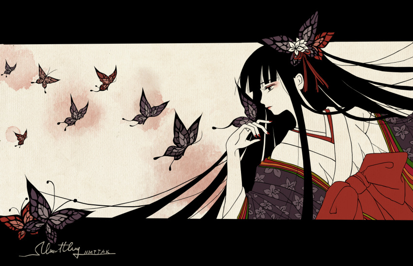 artist_name black_hair butterfly butterfly_hair_ornament eyeshadow flower hair_flower hair_ornament highres inuyasha japanese_clothes kikyou_(inuyasha) kimono letterboxed long_hair makeup miko nail_polish nmttak pale_skin profile signature solo