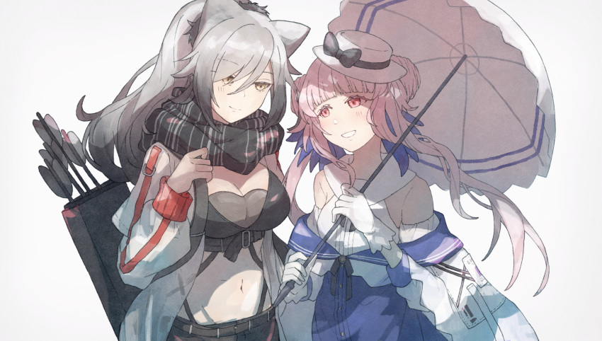 2girls animal_ears arknights arrow_(projectile) bangs bare_shoulders black_bow black_scarf blue_skirt bow cat_ears ceylon_(arknights) commentary crop_top double_bun eyebrows_visible_through_hair gloves grey_background grin hand_up hat hat_bow highres holding holding_umbrella jacket long_hair long_sleeves looking_at_another midriff multiple_girls navel open_clothes open_jacket pink_eyes pink_hair quiver scarf schwarz_(arknights) shirt silver_hair simple_background skirt smile stomach sudoka symbol_commentary umbrella upper_body white_gloves white_headwear white_jacket white_shirt white_umbrella yellow_eyes