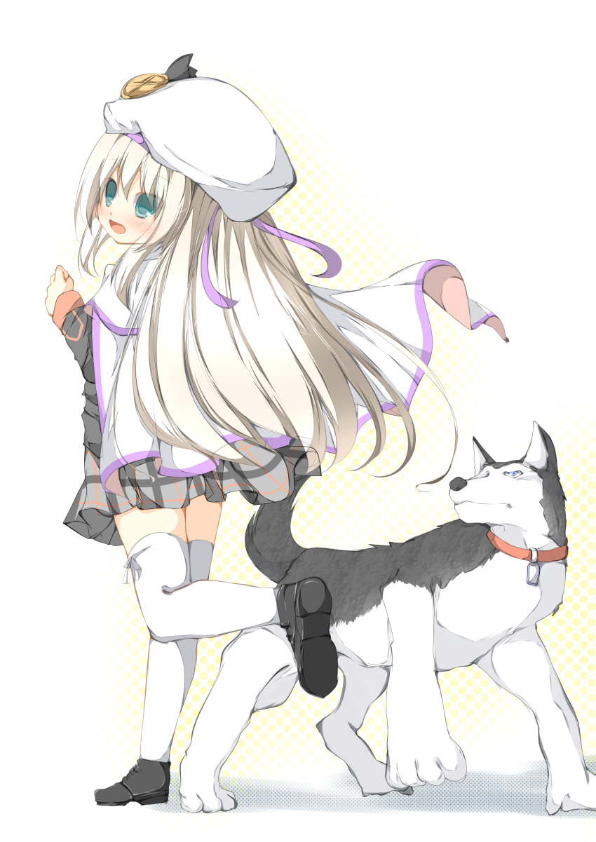 absurdres blue_eyes dog from_behind hat highres little_busters!! looking_back noumi_kudryavka school_uniform silver_hair strelka tabuchisan thigh-highs thighhighs