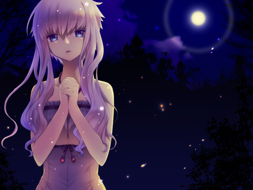 bare_shoulders blue_eyes hands_clasped highres long_hair looking_at_viewer moon night oumi_sanaka outdoors purple_hair solo twintails vocaloid wallpaper yuzuki_yukari