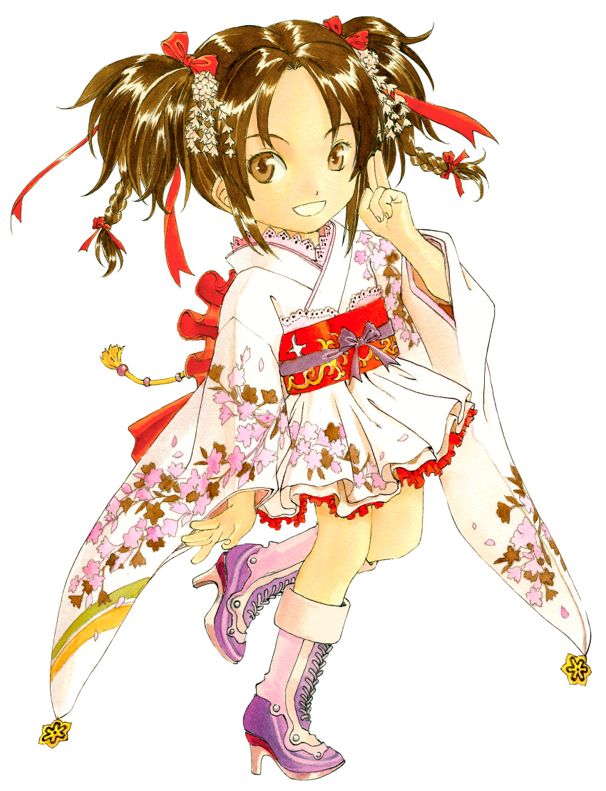 absurdres boots brown_eyes brown_hair cherry_blossoms female floral_print frilled_skirt frills fujishima_kousuke furisode hair_ornament hair_ribbon highres japanese_clothes kimono kimono_skirt lace leg_lift leg_up looking_at_viewer obi official_art original red_ribbon ribbon salute short_twintails simple_background smile solo standing_on_one_leg tomoe-chan traditional_media twintails two-finger_salute white_background