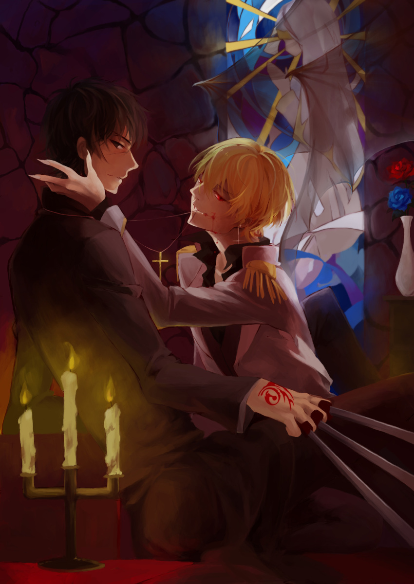 absurdres between_fingers black_keys blonde_hair brown_eyes brown_hair candle command_spell cross cross_necklace earrings fate/zero fate_(series) fe_(sakura) gilgamesh highres jewelry kotomine_kirei male mouth_hold multiple_boys red_eyes short_hair smile stained_glass weapon