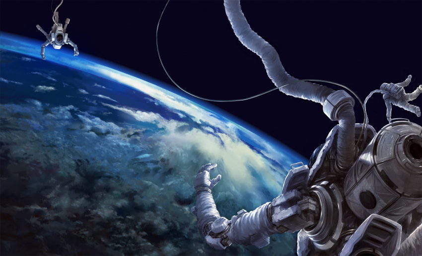 american_flag astronaut cable earth epic highres japanese_flag mecha original realistic science_fiction space spacesuit totuka