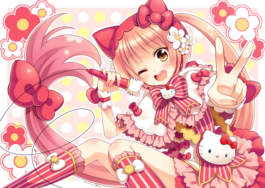 animal_hat bow brown_eyes cat_hat hair_bow hair_ornament hat highres long_hair looking_at_viewer microphone nekomura_iroha open_mouth pink_hair ponytail smile solo v vallota very_long_hair vocaloid