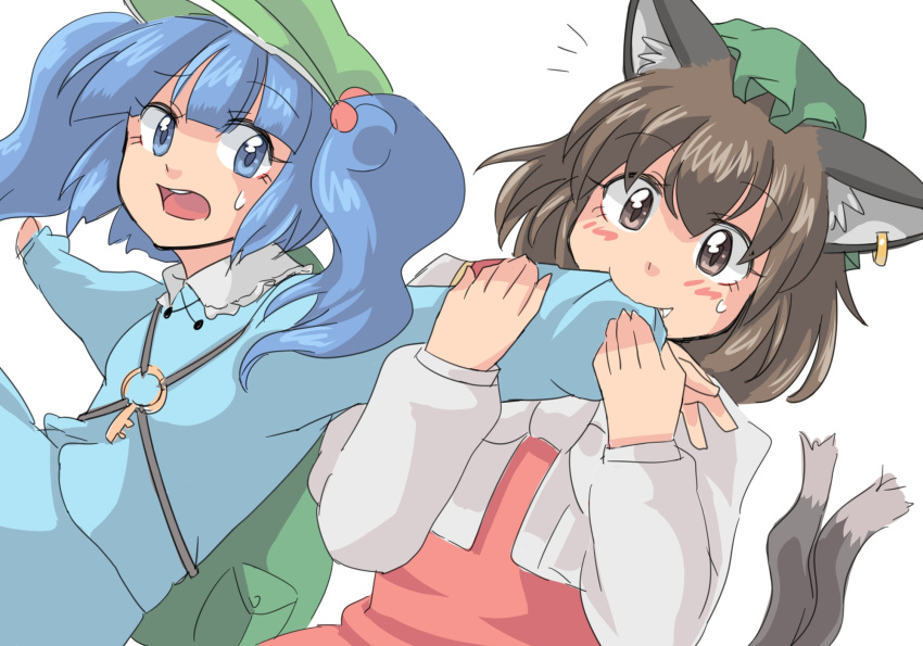 animal_ears backpack bag biting blue_eyes blue_hair brown_eyes brown_hair cat_ears cat_tail chen hair_bobbles hair_ornament hat highres jewelry kawashiro_nitori key makoto_na mana_(gooney) multiple_girls multiple_tails open_mouth short_hair smile sweatdrop tail touhou twintails