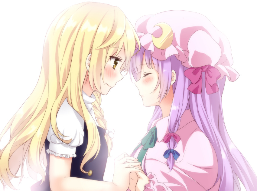 2girls blonde_hair blush etou etou_(cherry7) eyebrows_visible_through_hair eyes_closed hair_ornament hair_ribbon hands_together hat hat_ornament kirisame_marisa long_hair open_eyes patchouli_knowledge pink_hat purple_hair ribbon touhou white white_background yuri