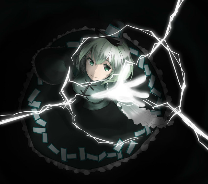 ariadoszz breasts dress electricity green_eyes green_hair hat highres large_breasts lightning outstretched_hand smile soga_no_tojiko solo tate_eboshi touhou