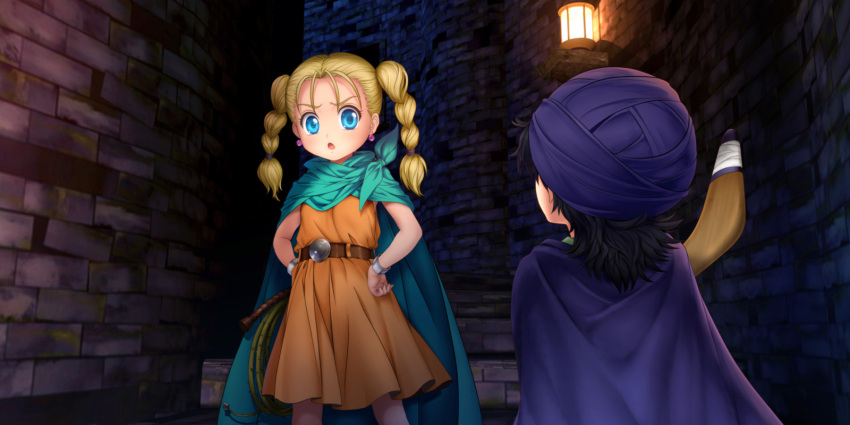 1boy 1girl :o bianca blonde_hair blue_eyes blush boomerang braid cape dragon_quest dragon_quest_v hands_on_hips hat hero_(dq5) highres long_hair moonknives mutsuki_(moonknives) twin_braids twintails young