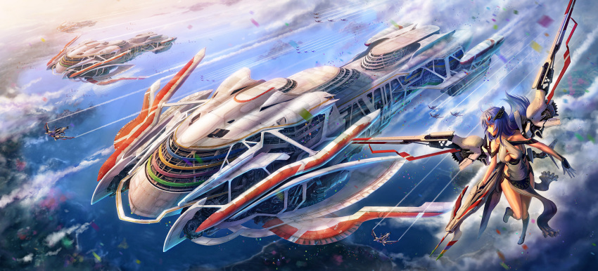 1girl blue_hair cleavage_cutout condensation_trail flying highres long_hair mechanical_wings original pinakes purple_hair science_fiction wings