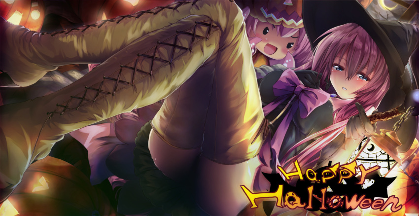 black_gloves blue_eyes blush boots breasts crescent cross-laced_footwear crossed_legs daidou_(demitasse) english gloves halloween hat highres jack-o'-lantern jack-o'-lantern lamp legs_crossed long_hair looking_at_viewer megurine_luka parted_lips pink_hair project_diva project_diva_2nd pumpkin ribbon sitting smile solid_circle_eyes takoluka text thigh-highs thigh_boots thighhighs vocaloid witch_hat
