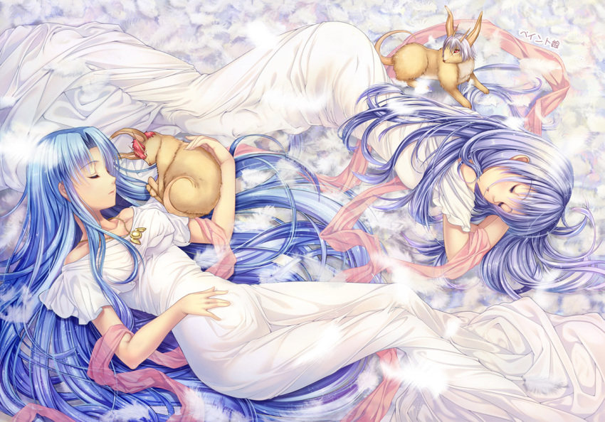blue_hair collarbone dress falcom feathers feena_(ys) jewelry long_hair looking_back lying multiple_girls necklace on_side reah sleeping very_long_hair white_dress youqiniang ys
